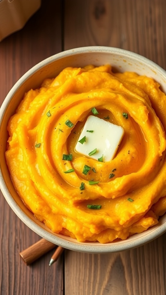 A bowl of creamy mashed kabocha squash garnished with herbs and butter on a rustic wooden table.